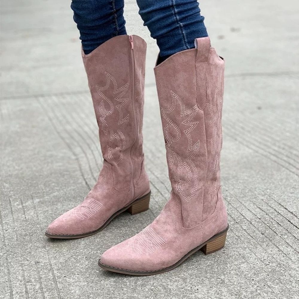 Point Toe Block Heels Boots Light Pink Faux Suede Mid-Calf Boots